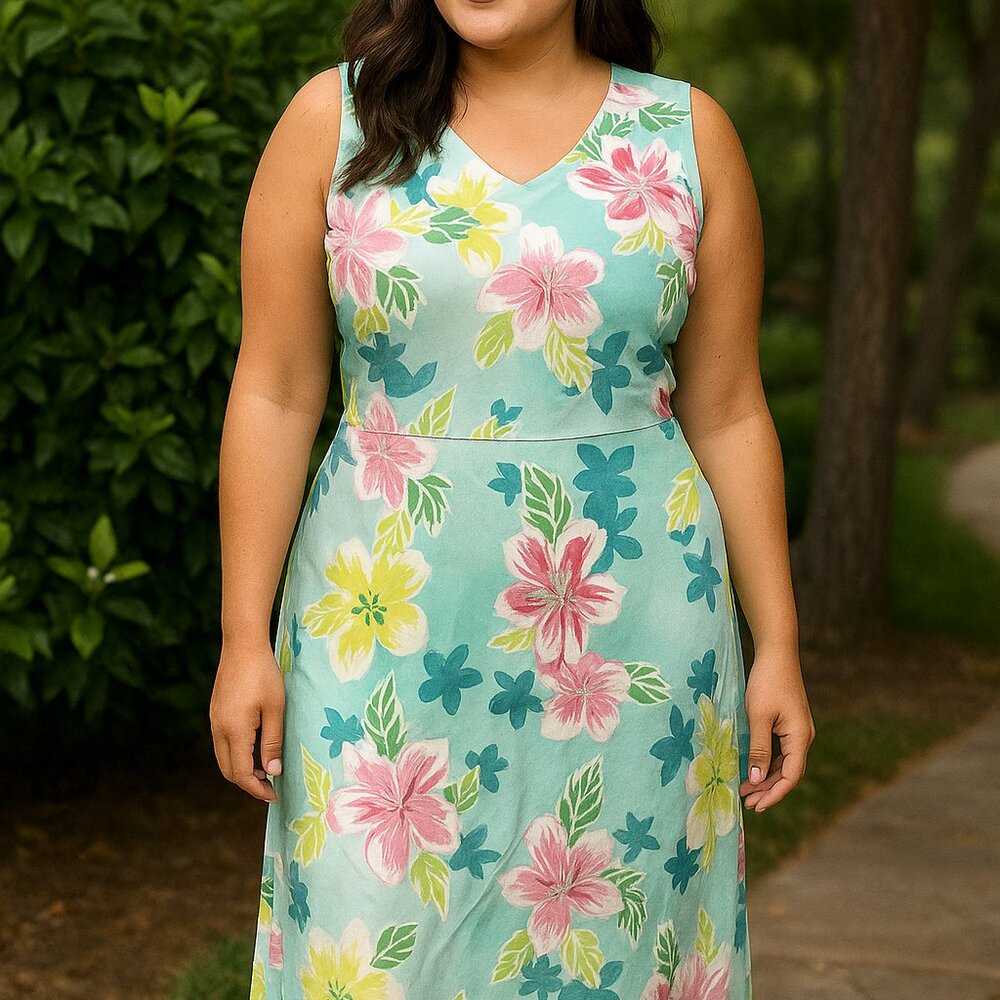 VINTAGE 1990s BFA Classics Pastel Blue & Pink Floral Midi Dress (D324)